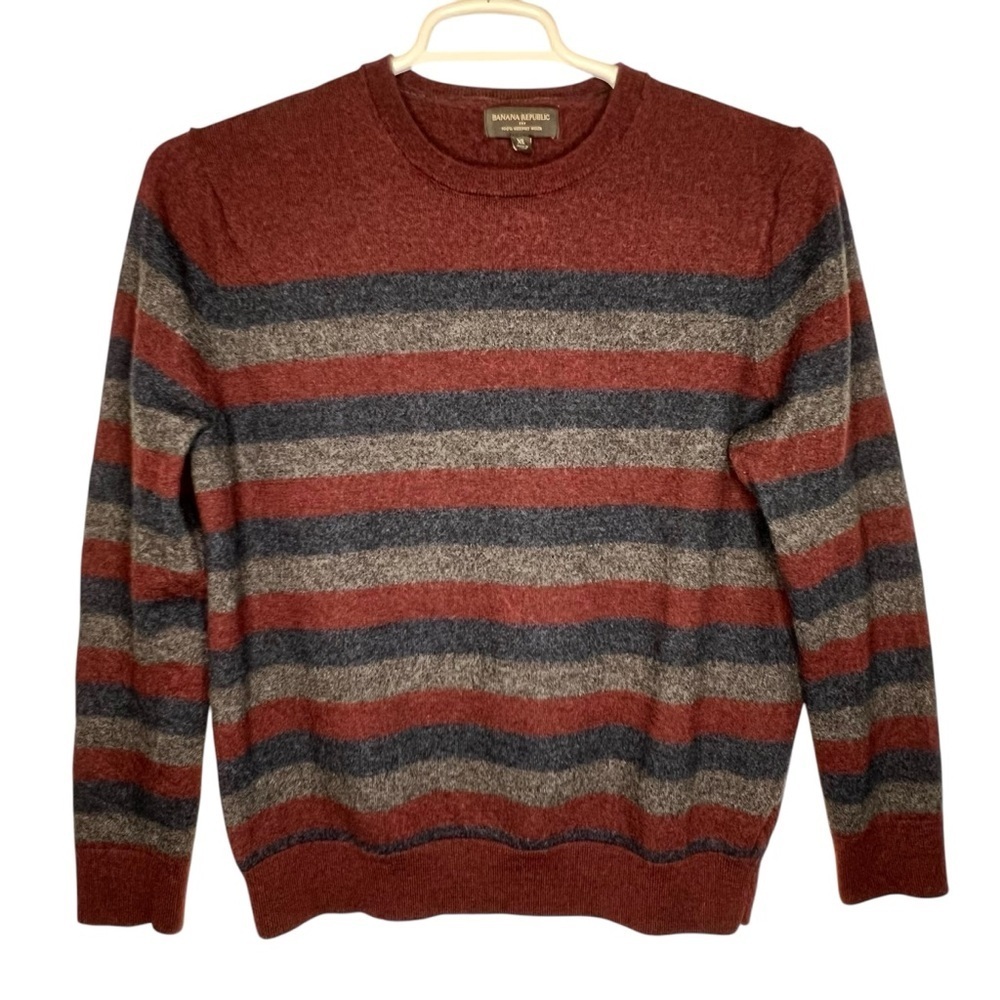 Y2K Banana Republic Merino Wool Burgundy Gray Stripped Crew Neck Sweater Size XL - Picture 2 of 12